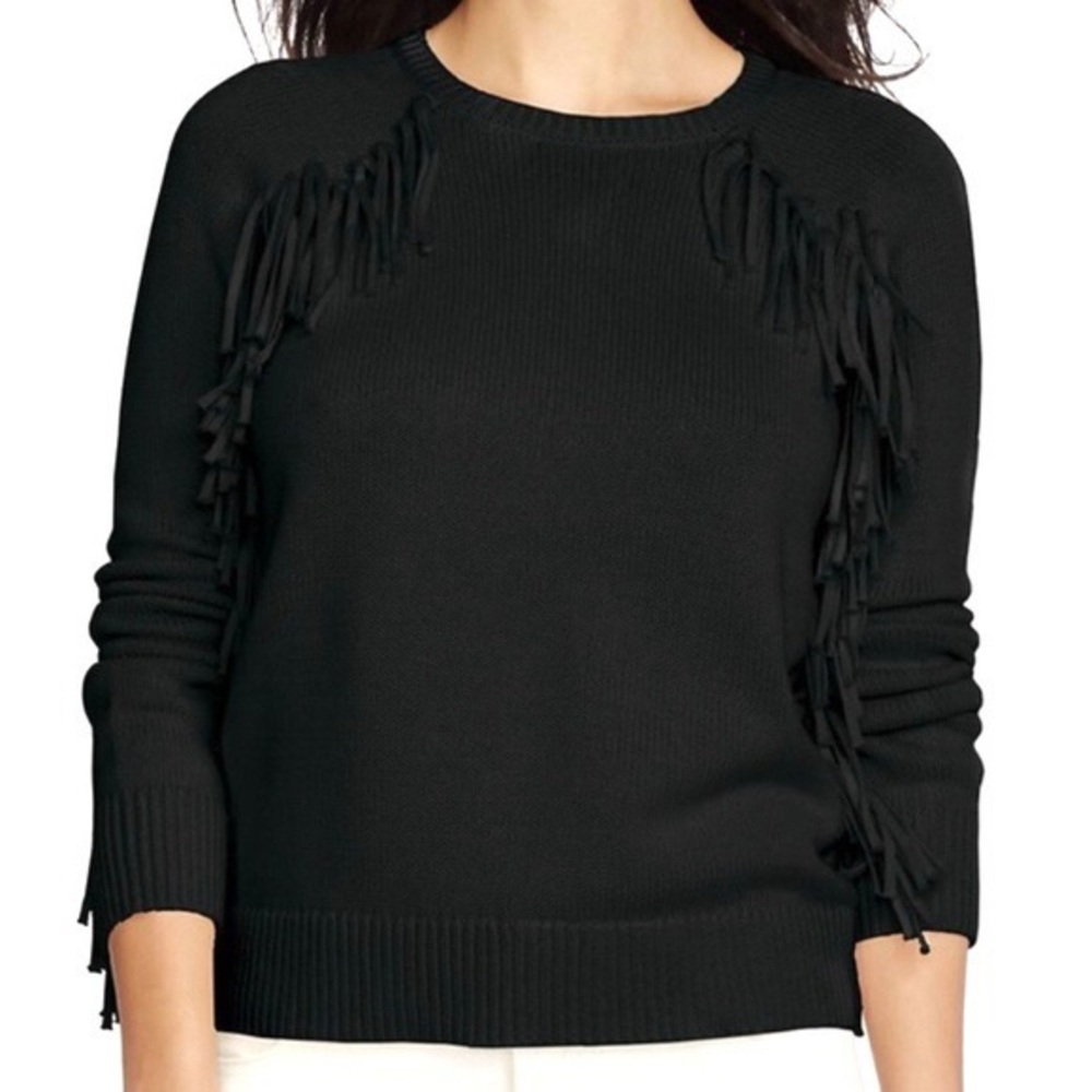 Lauren Ralph Lauren Black 100% Cotton Fringe Trim Crew Neck Sweater Women’s Sz S
